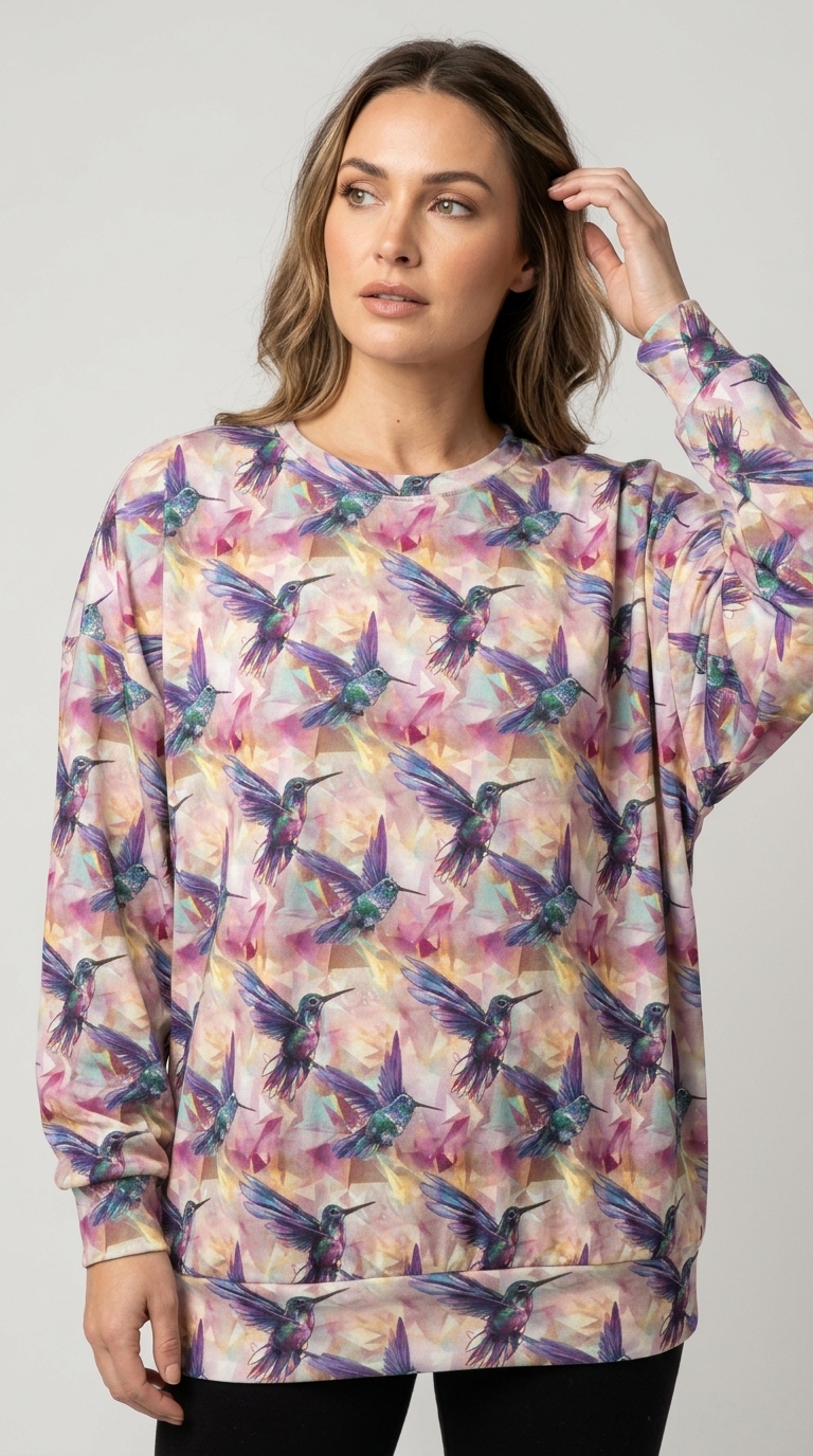 Saffron Threads model in hummingbird print top